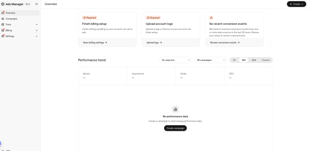 Screenshot Ads dashboard